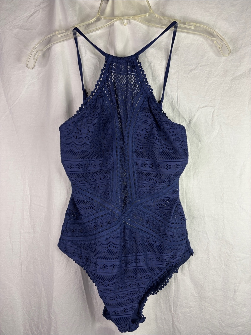 BECCA Navy Crochet Lace Halter One-Piece Swim